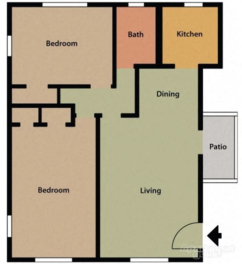 Floor plan for 2 beds, 1 bath, 829 sqft